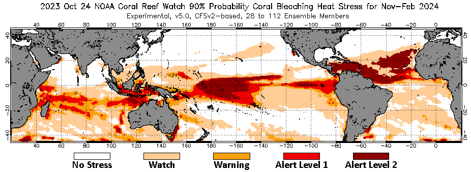 Coral Reef Watch October 23 worldmap with bleaching alert