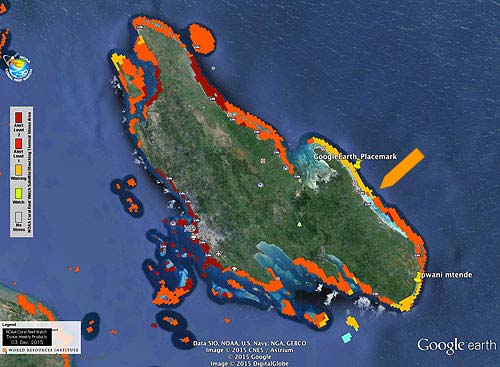 Karte Bleaching Alert Zanzibar 2016